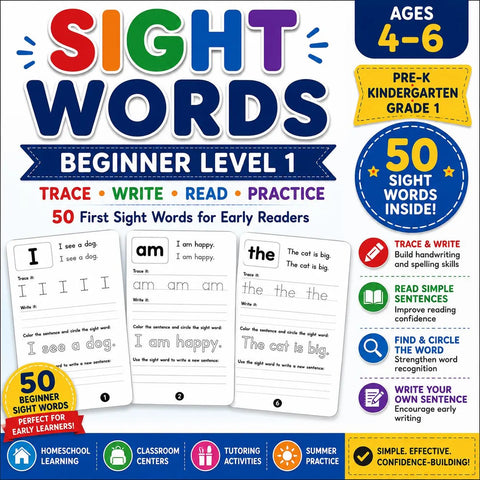 Sight Words Workbook for Kids Ages 4-7 | Trace, Write, Read Practice (Printable PDF)