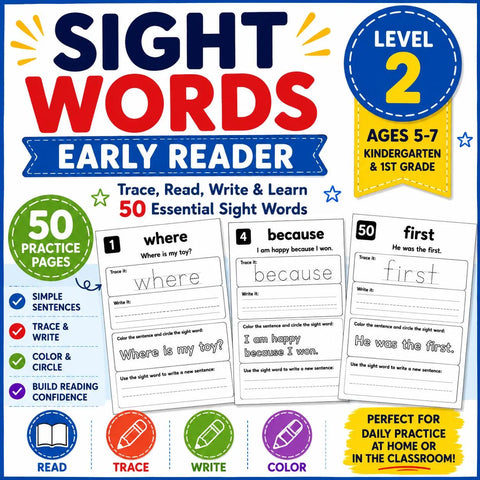 Sight Words Workbook for Kindergarten, Trace Write Learn Reading Practice (Printable PDF)