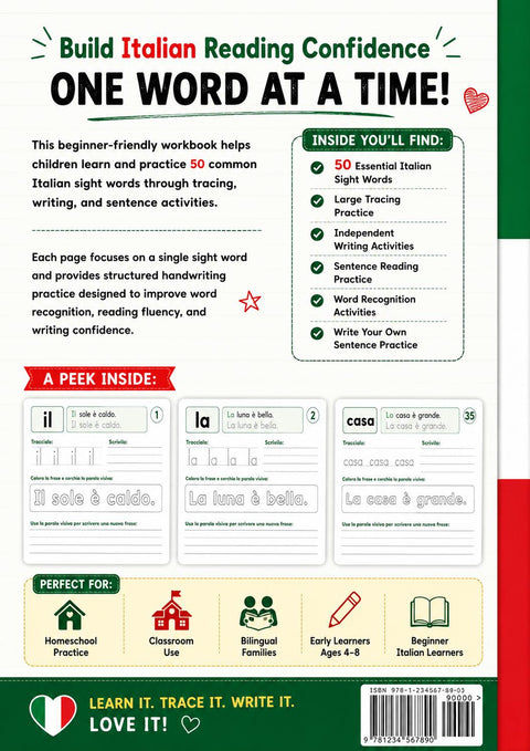 Italian Sight Words Workbook for Kids, Trace Write Read Activities (PDF)
