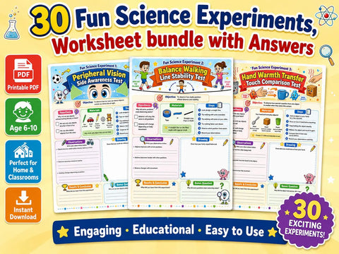 30 Kids Science Experiments Workbook, Printable STEM Activities, Science Fair Worksheets, Homeschool Learning PDF