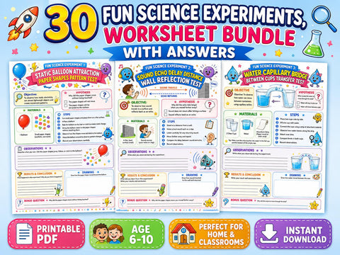 30 Science Experiments Bundle for Kids | STEM Worksheets, Answer Sheets (PDF Download)