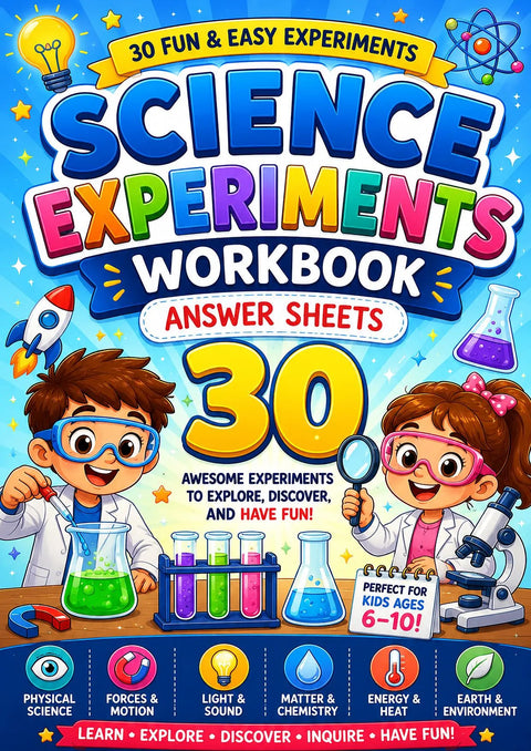 30 Kids Science Experiments Workbook, Printable STEM Activities, Science Fair Worksheets, Homeschool Learning PDF