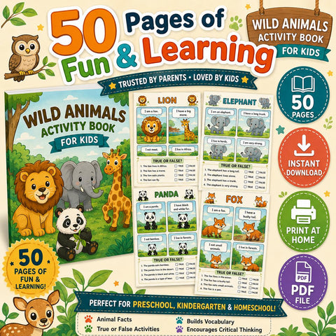 Wild Animals Activity Book for Kids | 50 Pages Fun Learning (PDF Download)