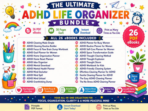 ADHD Planner Bundle | 26 ADHD Planners, Brain Dump Workbook, Cleaning Planner, Goal Planner, Self Care & Organization Kit - Printable eBooks
