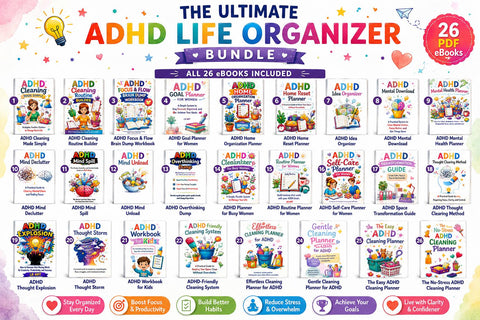 ADHD Planner Bundle | 26 ADHD Planners, Brain Dump Workbook, Cleaning Planner, Goal Planner, Self Care & Organization Kit - Printable eBooks