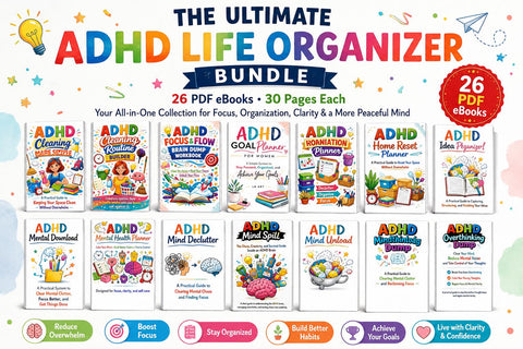 ADHD Planner Bundle | 26 ADHD Planners, Brain Dump Workbook, Cleaning Planner, Goal Planner, Self Care & Organization Kit - Printable eBooks