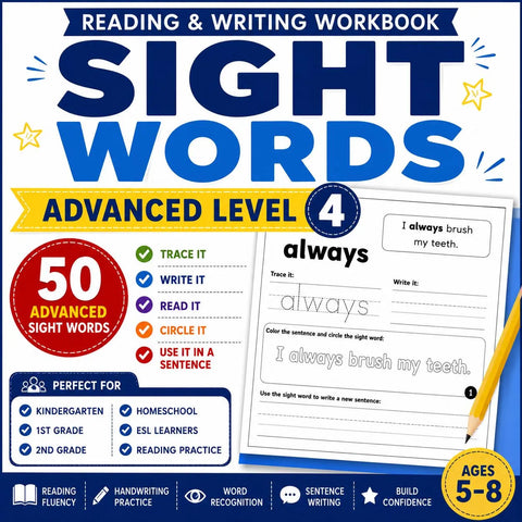 Sight Words Practice Workbook for Beginners, Ages 5-7 (Printable PDF)