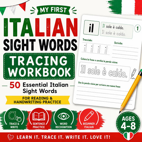 Italian Sight Words Workbook for Kids, Trace Write Read Activities (PDF)