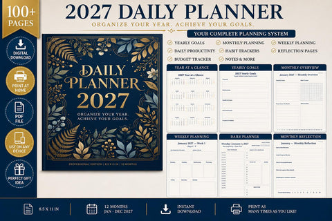 2027 Daily Planner Printable PDF | 120 Page Planner | Weekly & Monthly Planner | Goal Setting Journal | Digital Download
