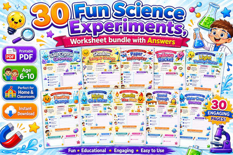 30 Fun Science Experiments for Kids | Printable STEM Worksheets (Ages 6-10) (PDF)