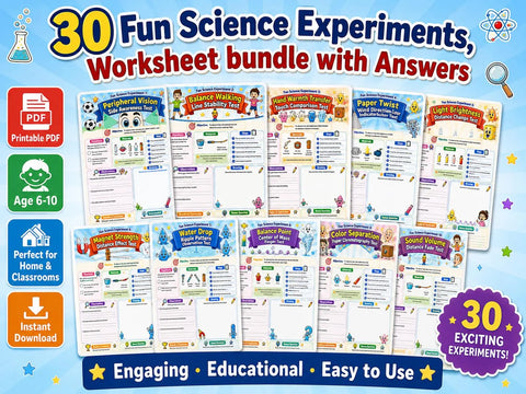 30 Kids Science Experiments Workbook, Printable STEM Activities, Science Fair Worksheets, Homeschool Learning PDF