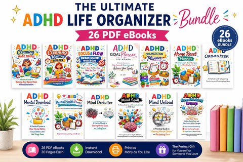 ADHD Planner Bundle | 26 ADHD Planners, Brain Dump Workbook, Cleaning Planner, Goal Planner, Self Care & Organization Kit - Printable eBooks