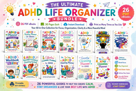 ADHD Planner Bundle | 26 ADHD Planners, Brain Dump Workbook, Cleaning Planner, Goal Planner, Self Care & Organization Kit - Printable eBooks